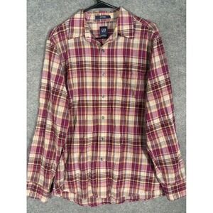 GAP Men Plaid Long Sleeve Button Up Shirt Fitted Burgundy Yellow Size M